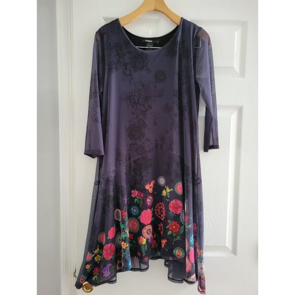 Desigual Womens black Sheer Floral dress Asymmetrical hem size Large boho Art - Picture 2 of 8